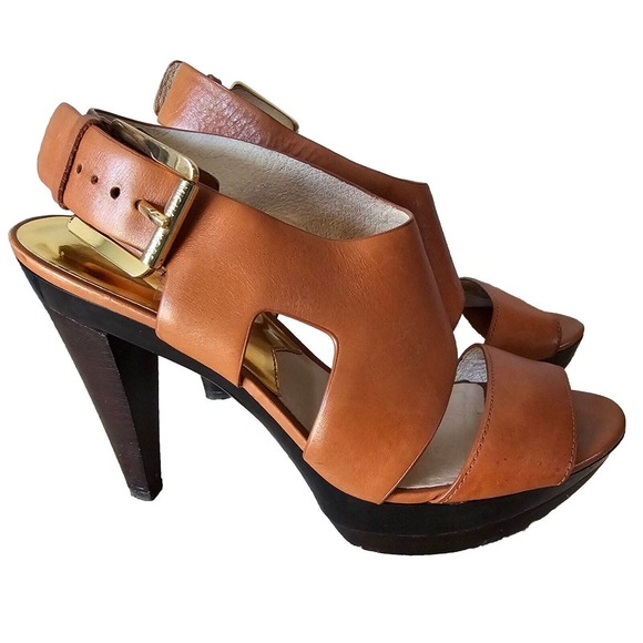 Michael Kors Shoes - Michael Kors Womens Size 8 Luggage Tan Leather Open Toe Slingback Cone Heels